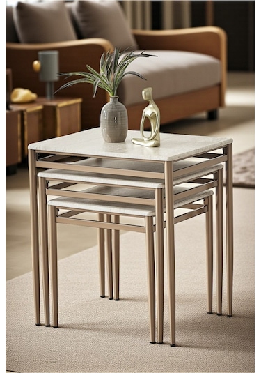 Diva Serisi 1. Sınıf Mebran Mdf 3 Lü Zigon Sehpa Takımı Gold Bronz