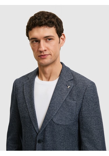 Cacharel Lacivert Slim Fit Mikro Desen Mono Yaka Spor Ceket