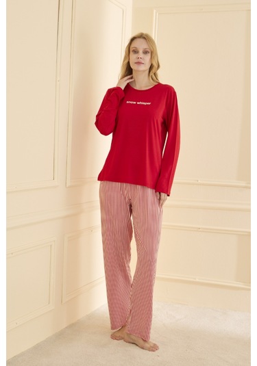 Mihra Kadın Pijama Takımı Uzun Kol Mevsimlik Kırmızı
