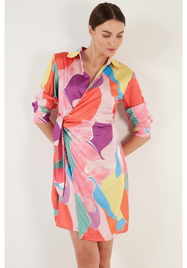 Lela Desenli Kruvaze Yaka Bağlamalı Saten Bayan Elbise 611El295 Fuşya