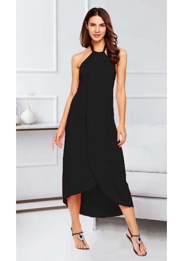 Kadın Omuzlardan Açık Boyundan Geçmeli Asimetrik Kesim Detaylı Viskon Elbise Siyah