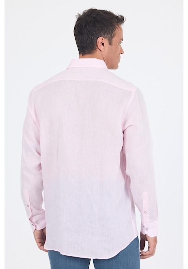 Uzun Kol Düz Keten Düğmeli Yaka Cepsiz Casual Comfort Fit Gömlek 1004250114 Pudra
