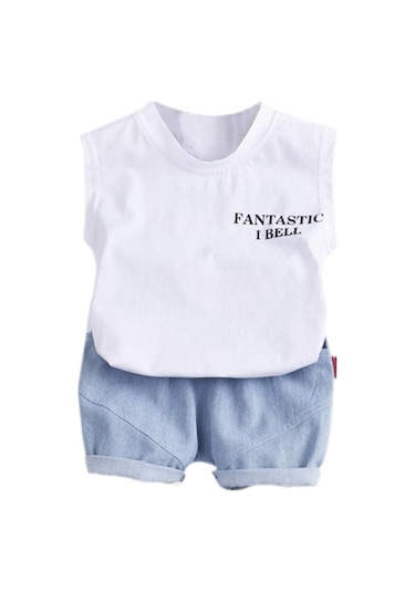 Beyaz Yaz Erkek Bebek Kız Rahat Kolsuz Mektup Dinozor Baskı Yelek Üstleri + Şort Takım Elbise Kostüm Seti Beyaz