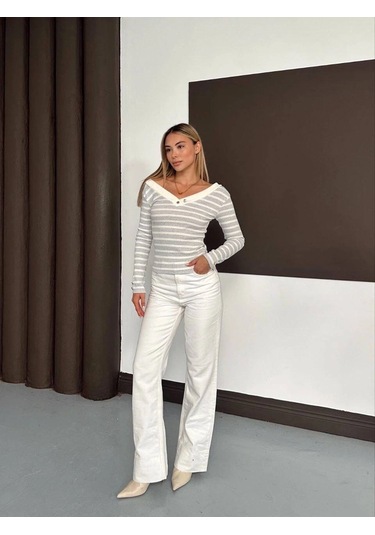 Biçomi V Yaka Kol Ve Yaka Düğmeli Bluz Gribeyaz A4047 Gri