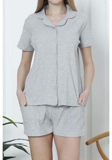 Kadın Şortlu Pijama Takımı Kısa Kollu Kaşkorse Salaş Cepli Gri Nıc1070 R09 Gri