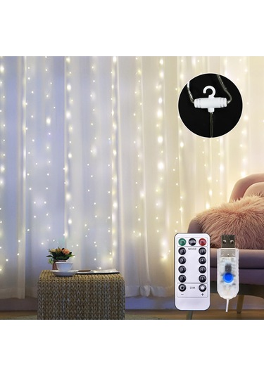 Symbee Usb Şarjlı Kumanda Kontrollü 8 Modlu 100 Led Perde Işığı - 3x1m İç/ Dış Mekan Dekorasyon Işığı Parlaklık Ayarlanabilir Diğer
