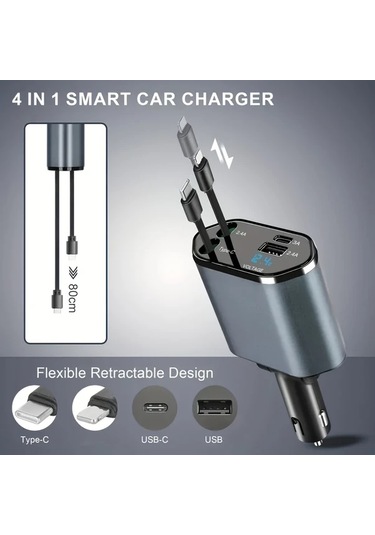 Xuweiwei San Com O 120w 4 İn 1 Hızlı Şarj Araba Adaptörü Koyu Mavi Alüminyum Alaşım Type C İphone Ios Samsung Xiaomi Uyumlu