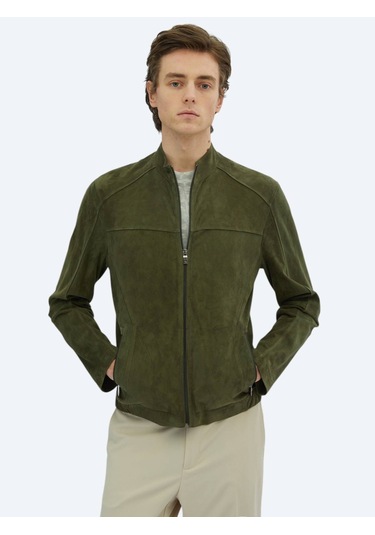 Haki Regular Fit Dik Yaka Smart Casual Deri Mont Haki