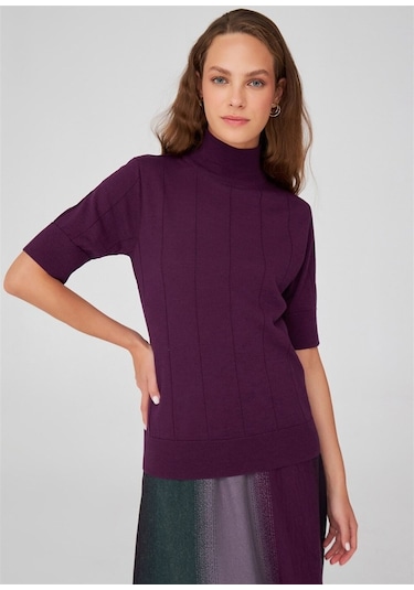Peraluna Balıkçı Yaka Kısa Kollu İnce Basic Kadın Triko Bluz Mor