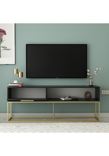 Mira Tv Ünitesi 160 Cm Kapaklı Ve Raflı, Gold Ayak, Modern Tasarım - Siyah/gold Siyah/gold