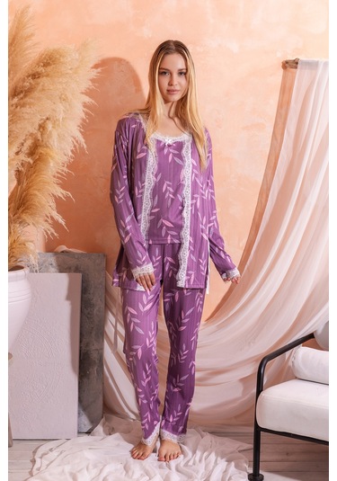 Sabahlıklı Dantel Detaylı Pegasus Kadın Pijama Takımı-çeyizlik Takım- Geniş Beden Aralığı Lila