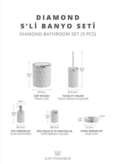 Okyanus Home Diamond Beyaz Kromlu Click Kapak 5'li Banyo Seti Beyaz