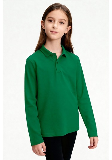 Yeşil Polo Yaka Basic Uzun Kollu Unisex Çocuk T-shirt - 11170 Yeşil