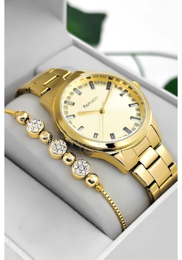 Ferrucci Taş Detaylı Kadran, Çelik Kordon Çelik Kasa Kadın Kol Saati, Gold Zmfer199 Çok Renkli
