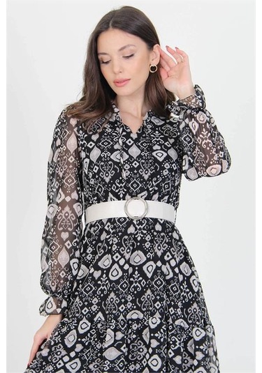 Neşeli Butik Kadın Kemerli Yakası Bağlama Detaylı Desenli Şifon Elbise Rssn02 Siyah