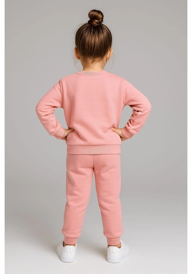 Kız Çocuk %100 Pamuk Gül Baskılı Eşofman Takımı Pudra