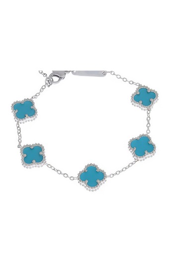 Kadın Gümüş Renk Mavi Yonca Model Çelik Bileklik Gümüş