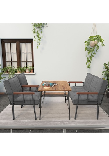 Mygusi Modern Balkon, Bahçe, Cafe - Metal Kanepe Koltuk Takımı - 2+1+1 Masa Koyugri Koyu Gri