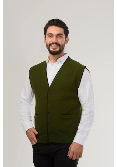 Kamalı Haki Erkek V Yaka Triko Düğmeli Cepli Çizgi Desenli Regular Fit Tüylenmeyen Örgü Yelek Haki