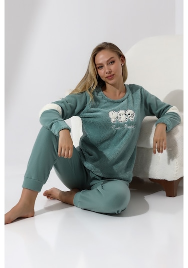 Fawn 5024 Peluş Welsoft Polar Kışlık Yumoş Kadın Pijama Takımı Yeşil