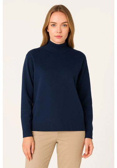 Kadın Yarım Boğaz Triko Kazak Yumuşak Dokulu Pamuklu İnce Dokuma, Uzun Kollu Rahat Regular Kalıp - Lacivert Siyah