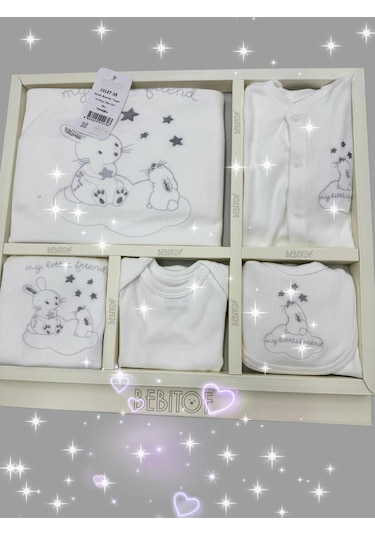 Sevimli Buluttaki Tavşan Desenli 10 Parça Kutulu Yenidoğan Hastane Çıkışı Zıbın Seti Ekru