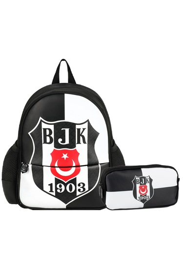 Beşiktaş 2 Bölmeli 1903 Logo Baskılı Suni Deri Anaokulu Çantası + Kalemlik Siyah