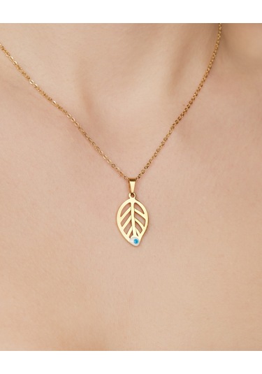 Lekka Design Kadın Kararmaz Çelik Takı Nazar Boncuklu Yaprak Kolye