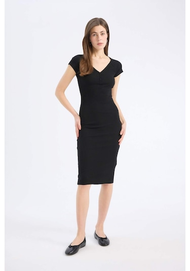 DeFacto Bodycon Vücudu Saran V Yaka Fitilli Kaşkorse Kısa Kollu Midi Elbise E7368AX25SPBK81