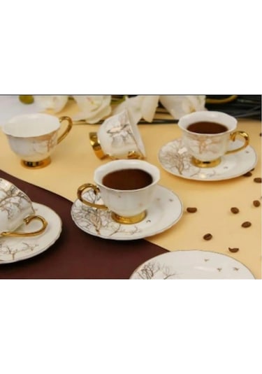 Çeyizci Çarşı Albero 6 Kişilik Ağaç Desen Porselen 220ml Nescafe Çay Fincanı Takımı Purebone-125 Beyaz