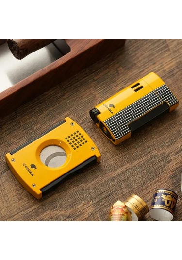 Limitli Seri Kesici Çakmak İkili Sarı Puro Seti - Tr7709