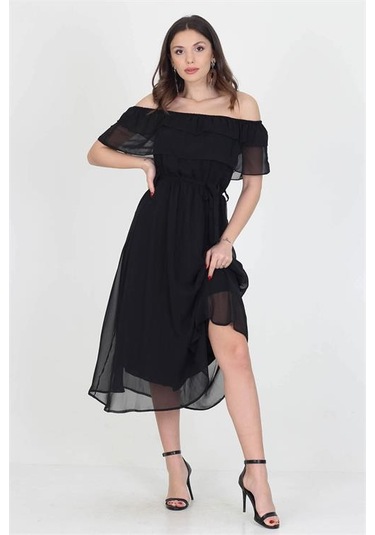 Neşeli Butik Kadın Yeni Sezon Madonna Yaka Bağlama Detaylı Şifon Elbise Ry8060 Siyah