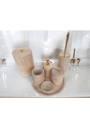 Sarı Traverten Klasik Model 7 Parça Gold Renk Düğme Aksesuarlı Banyo Seti Sarı Traverten