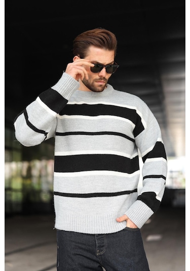 Gri Çizgili Bisiklet Yaka Triko Erkek Kazak E7455 Gri
