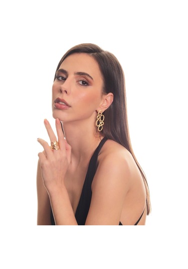 Kadın Mat Altın Kaplama Oval Formlu Tasarım Küpe & Yüzük Seti Altın