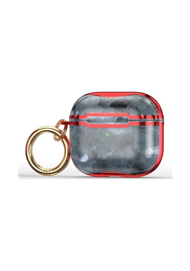 Mermer Doku Galvanik Çerçeve Kulaklık Koruyucu Kılıf Airpods Uyumlu 3 İçin Kanca İle Gri + Kırmızı