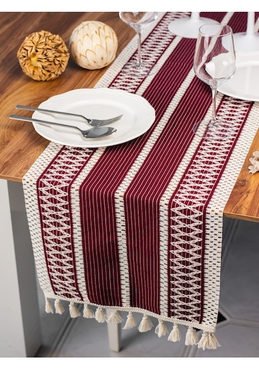 Pamuk Örme Püsküllü Dantel Bordo Runner 35x145