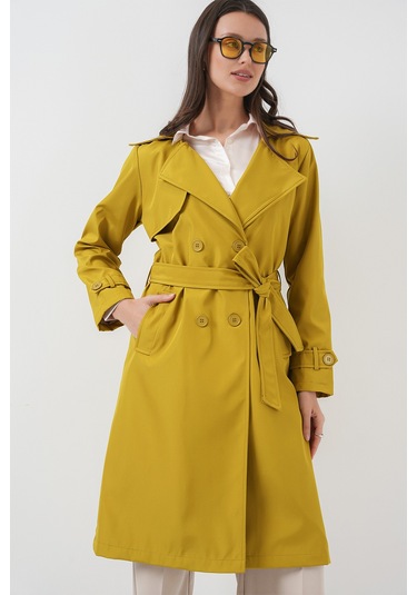 5918 Kruvaze Yaka Trençkot - Yağ Yeşil Yeşil