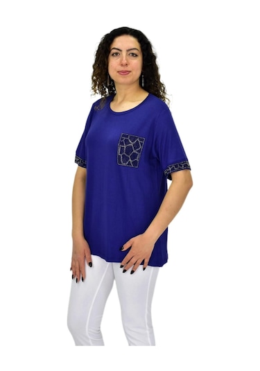Caftan Kadın Kısa Kol Taşlı Bluz Bgl-st04709 Lacıvert