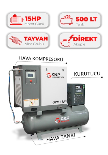 Hava Kompresörü Depo Üstü Vidalı 15hp 500lt Gpv15a