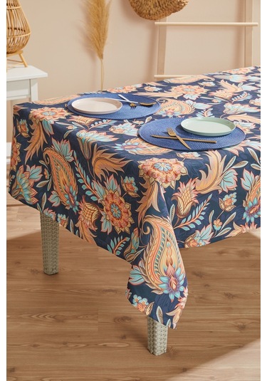 Lacivert Şal Desen Leke Tutmaz Masa Örtüsü