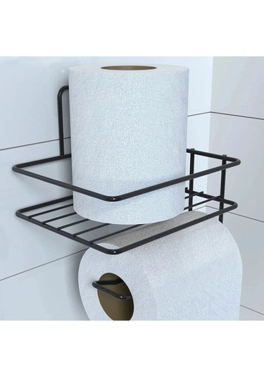 Zmc Bilişim Kendiliğinden Yapışkanlı Tuvalet Kağıdı Tutacağı Ve Yedek Raf - Siyah Modern Metal Tasarım Çok Renkli