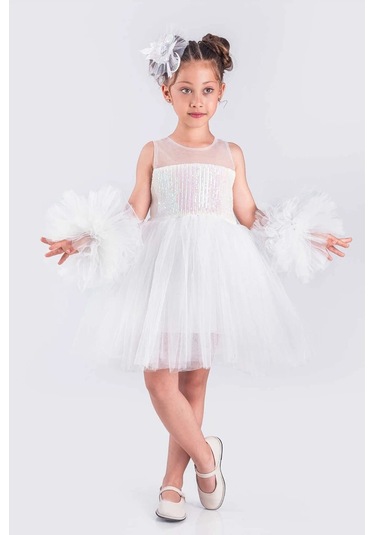 Kız Çocuk Abiye Elbise Ponpon Kol Pul Payetli Tütülü Beyaz