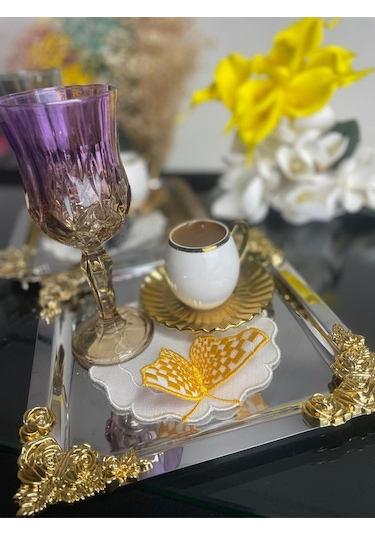 Plt Design 6'lı 3 Boyutlu Kelebek Desenli Nakış Işleme Keten Çay,kokteyl Ve Kahve Yanı Sunum Peçetesi Şeffaf