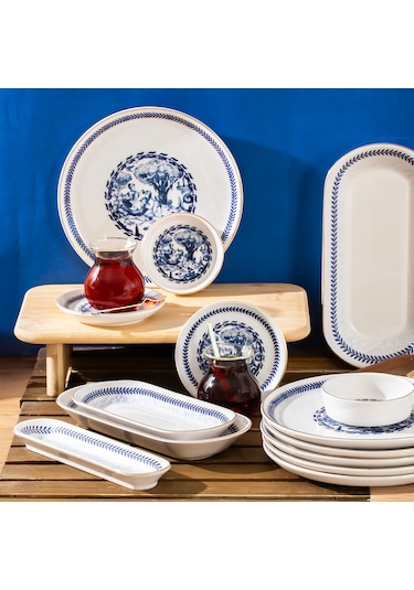 Perotti French 37 Parça Kahvaltı Takımı Çay Seti Kahvaltı Seti Mavi - Beyaz