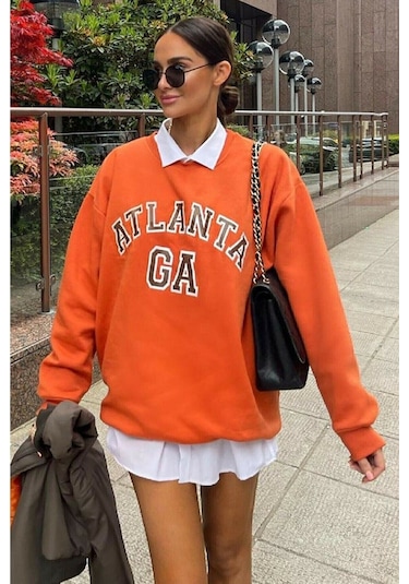 Modagen Kadın Bisiklet Yaka Turuncu Atlanta Baskılı Oversize Sweatshirt Turuncu