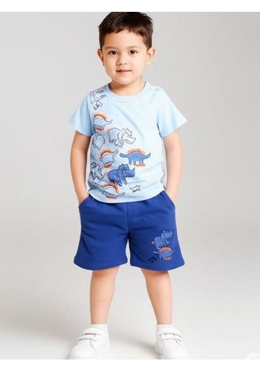 Erkek Bebek Hayvan Baskılı Şortlu Takım-15836 Mavi