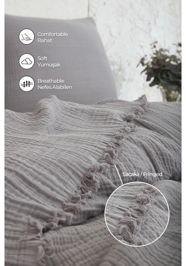 Müslin%100 Pamuk Tek Kişilik Yatak Örtüsü Pike Takımı 4 Katlı Yumuşak Battaniye 2 Parça Antrasit Gri