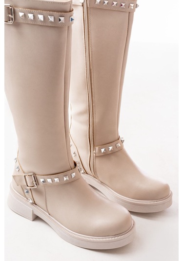 02-307 Bej Düz Topuklu Günlük Bayan Binici Çizme Resimdeki Renk