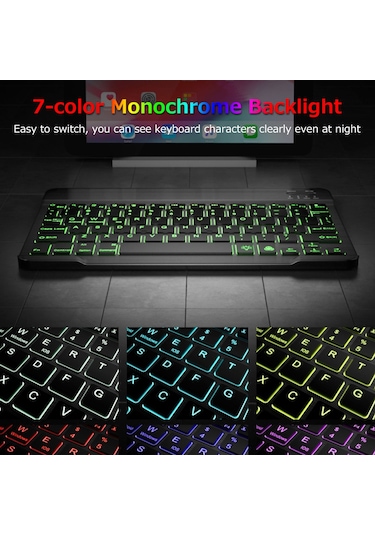 Lemestar 10.1 İnç Kablosuz Bluetooth Klavye - İnce Tasarım, 7 Renkli Aydınlatma, 3 Sistem Uyumlu